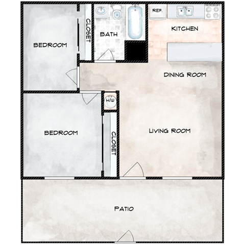 Floor plan for 2 beds, 1 bath, 672 sqft
